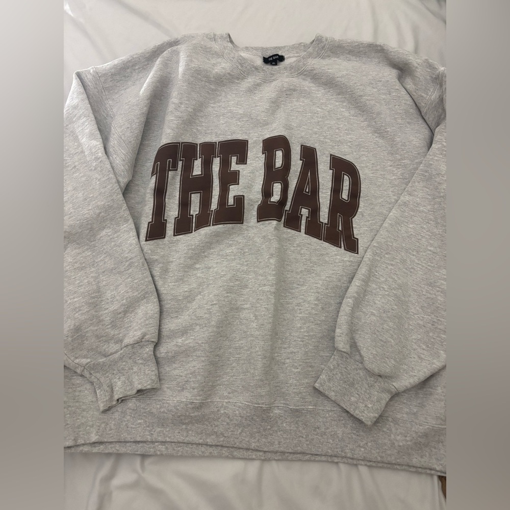 THE BAR Gray Crewneck Sweater with Brown Lettering